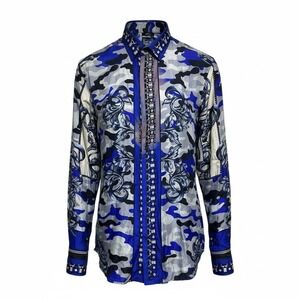 Versace‎ Collection Trend 100% Silk Shirt Blue Camo Baroque Men IT 40 S